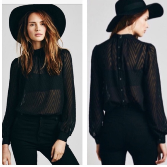Free People Tops - Free People Sheer Black Tucking Chevron Blouse Top